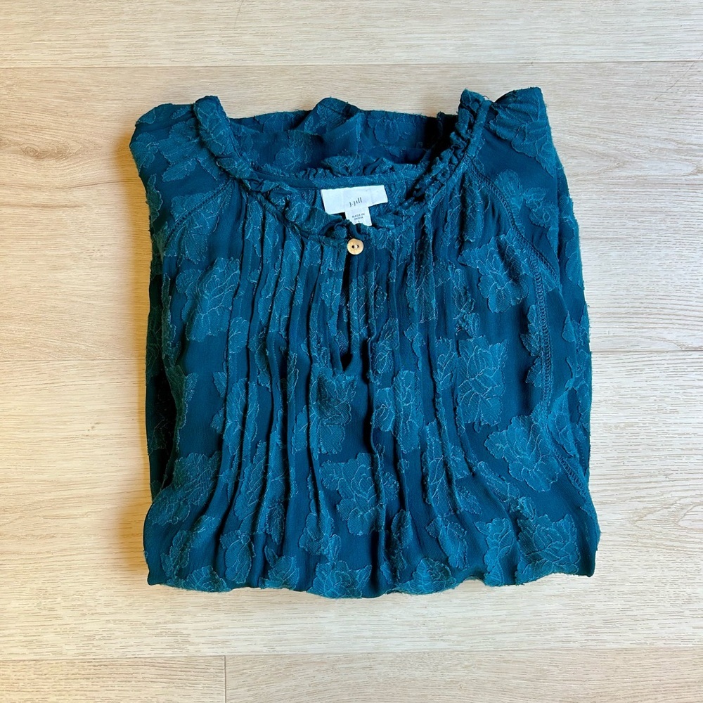 J. Jill Women Teal Aqua Lace Jacquard Blouse Size Large 100% Cotton